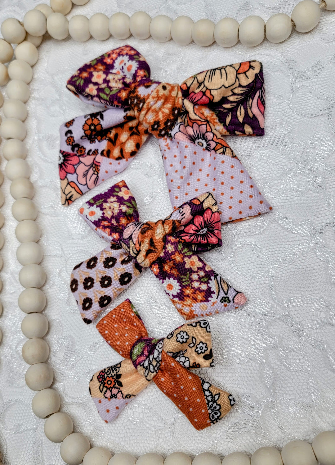 Brown Patchwork Dainty Bow (on clips)