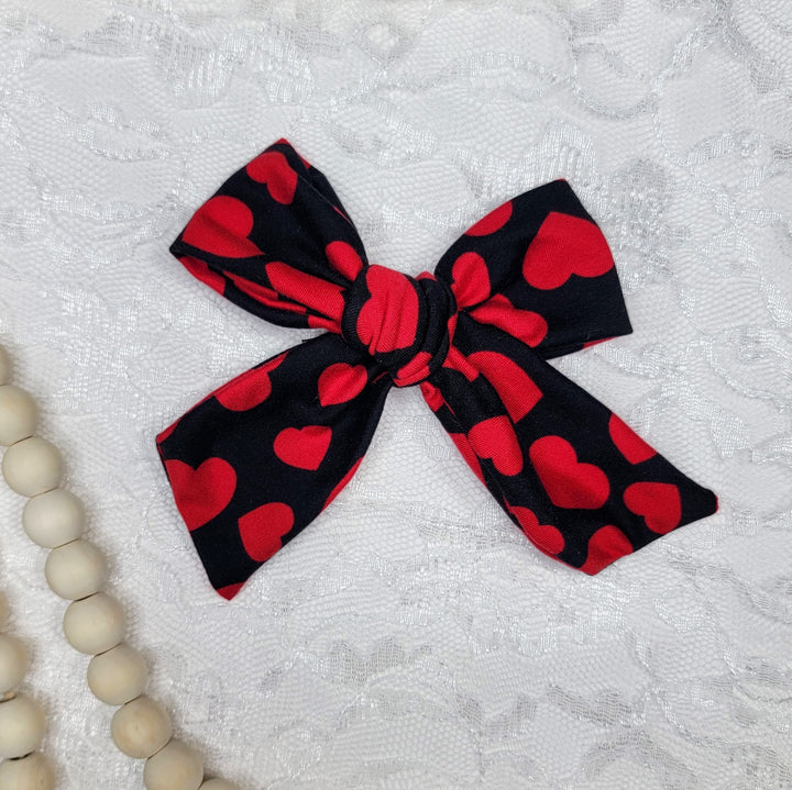 Red Hearts on Black Dainty Bow (on clips)