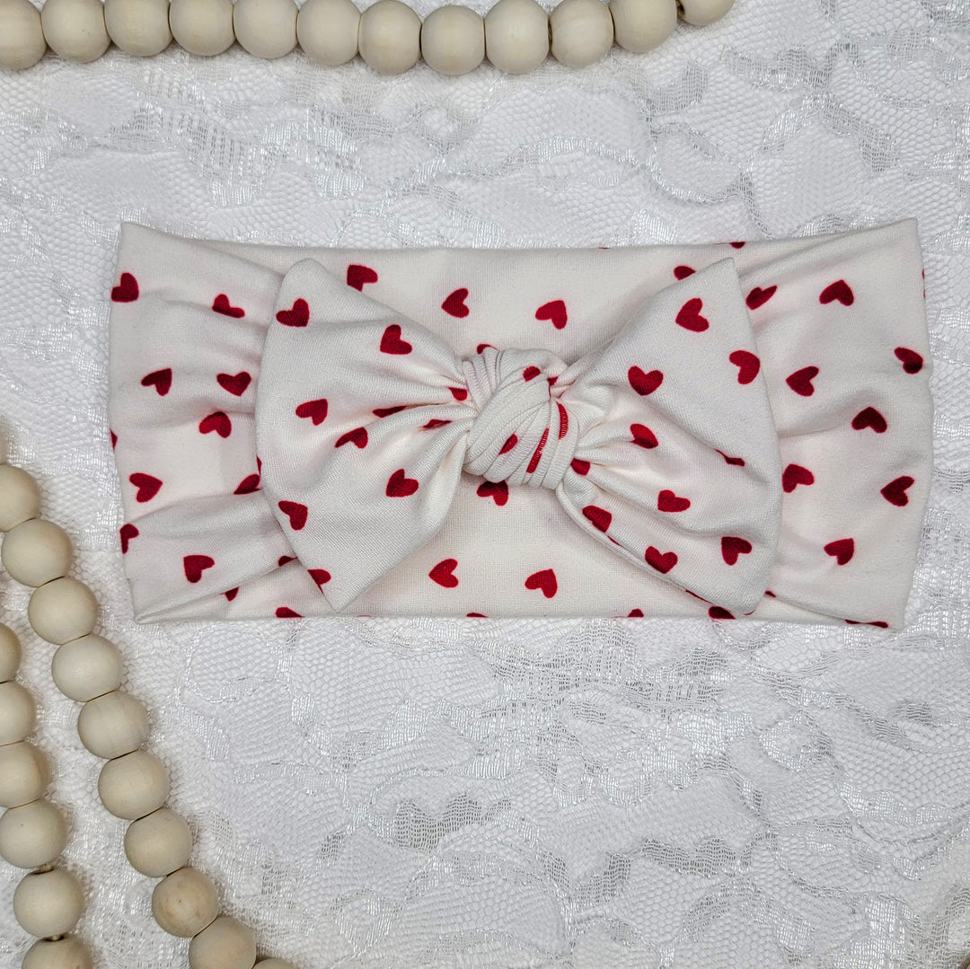 Mini Red Hearts on White Big Bow Headwrap