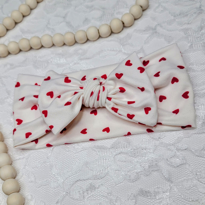 Mini Red Hearts on White Big Bow Headwrap