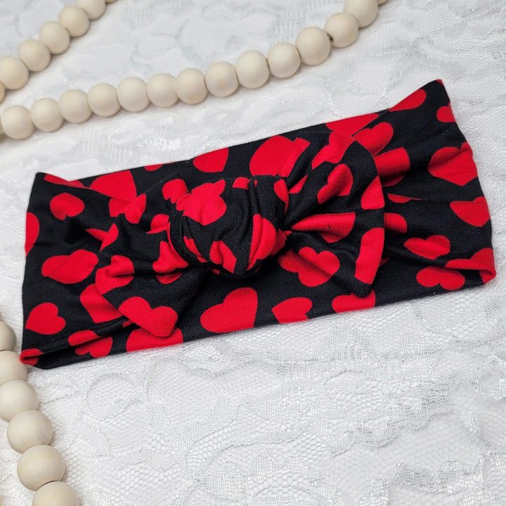 Red Hearts on Black Chunky Knot Headwrap