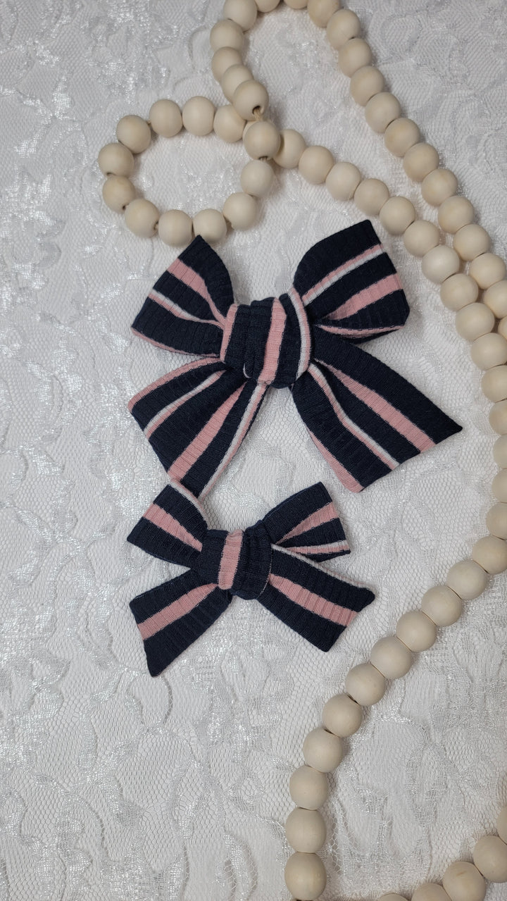 Navy Pink Striped Dainty Bow (on clips)