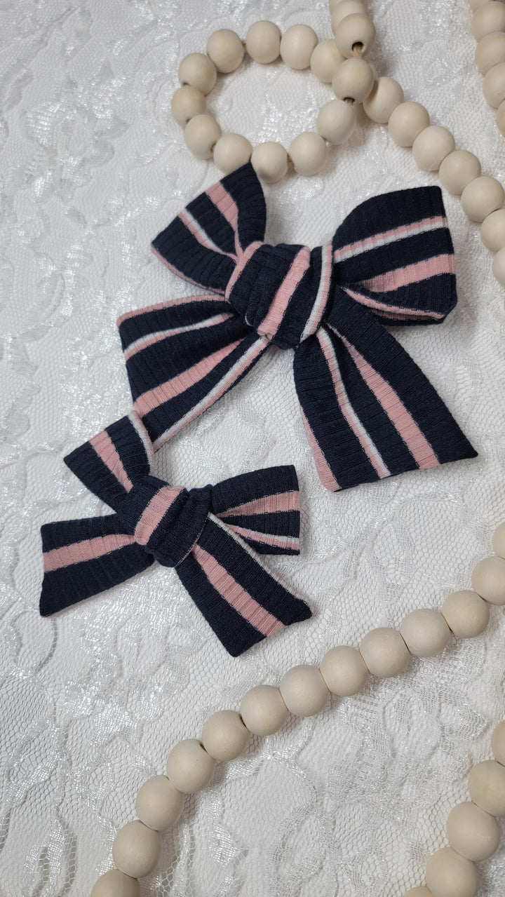 Navy Pink Striped Dainty Bow (on clips)